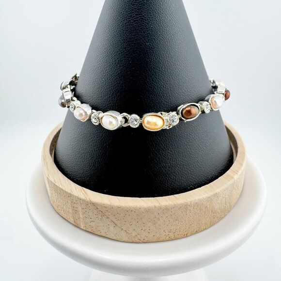 Vintage Pearl & Rhinestone Tennis Bracelet Timeless Glamour Retro Neutral - Picture 1 of 9